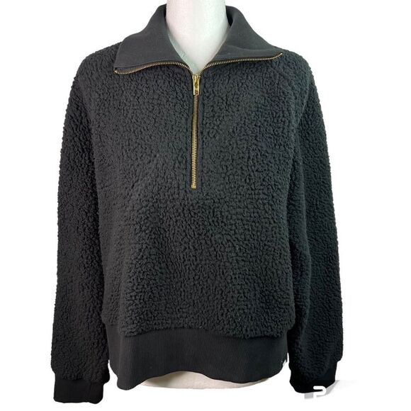 PINK Victoria Secret Sherpa Fleece Pullover 3/4 Zip Crop Black Sweater  Sz L - Picture 1 of 10